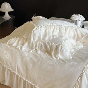 Parure de lit quatre pièces Anna Garden style français en coton jacquard 100 % longues fibres avec bordure en dentelle de mousseline, luxe léger pour mariage - Product Image 3