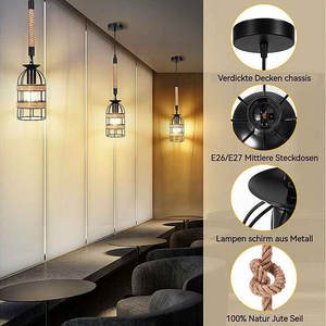 Post Modern Retro Cuerda de cáñamo Cesta negra Lámpara de linterna para sala de estar Estudio Luces Lustre - Product Image 2