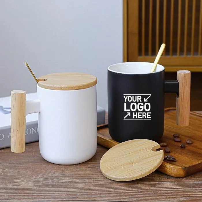 Großhandel/kunden spezifisches Logo 400ml/13oz Keramik Kaffeetasse mit Holzgriff Keramik becher mit Holzdeckel Isolierte Kaffeetasse mit Spo