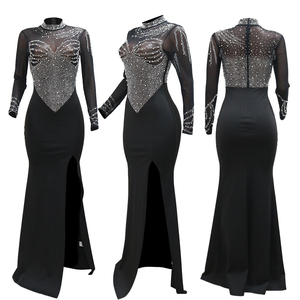 Nuevo estilo europeo: Vestido transparente con cuentas, cuello redondo, manga larga y abertura alta - Vestido de noche para fiesta - Product Image 2