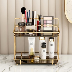 Kim loại sang trọng Máy tính để bàn Countertop Vàng Vàng Xoay trang điểm mỹ phẩm lưu trữ Organizer Rack Kệ hiển thị chức năng linh hoạt - Product Image 5