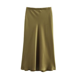 <span class=keywords><strong>Jupe</strong></span> trapèze mi-longue taille haute <span class=keywords><strong>vert</strong></span> olive en tissu <span class=keywords><strong>satin</strong></span>é effet soie élégante pour femme - Product Image 2