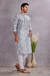 Traditional Casual Wear India Pakistan Style <b>Kurta</b> <b>Men's</b> Gray Printed Cotton <b>Kurta</b> Regular Fit Ankle-Length for <b>Mens</b> - Product Image 4