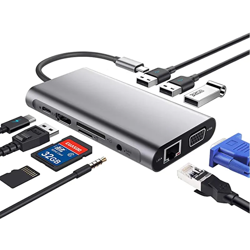 Station d'accueil multifonction 10 en 1 hub de Type c USB3.0 PD RJ45 USB C à 4k hd-mi pour Macbook XiaoMi HUAWEI ordinateur portable