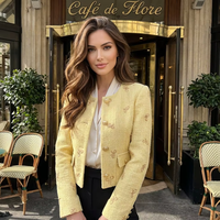 Veste en tweed jaune élégante et luxueuse pour femme, coupe ajustée, broderie florale papillon, blazer bouclé anti-plis doré