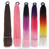 Queue de cheval arc-en-ciel avec anneau de cheveux en caoutchouc 24 pouces, Extension de cheveux synthétiques tressés pour enfants