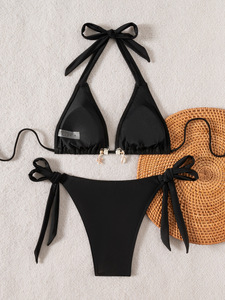 Women's Summer Solid Bikini Sets Backless Neck Low Waist 2-Piece Bandeau Swimwear Beading Decoration Beachwear XL - Product Image 3