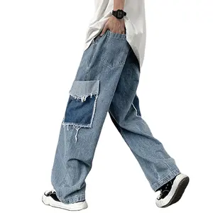 Grosir Logo kustom OEM celana panjang pas badan asli gaya jalanan longgar tali lubang Jeans untuk pria
