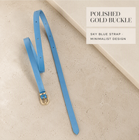 Ceinture fine bleu ciel pastel avec boucle ardillon dorée, ceinture minimaliste pour robe, OEM, vente en gros, étiquette privée personnalisée