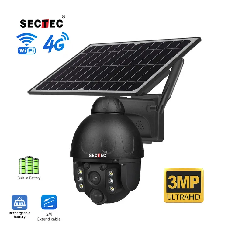 SECTEC Patent 4Mp 4G GSM solar camera Outdoor Security Ptz Solar Battery Backup Tuya Security Cam On 4MP Solar CCTV Cameras