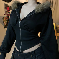 Damen Gothic Chic Streetwear Jacken Herbst Winter Goth Dunkler Kunst pelz kragen Lässig Schlanke Taille Reiß verschluss Kapuzen mäntel Kurze Länge