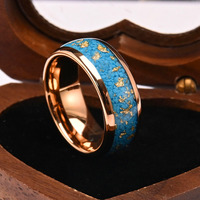 8mm Hommes Tungstène Anneaux Incrustation Bleu Faux Turquoise Pierre et Feuille D'or Anneaux pour Hommes Femmes Mariage Fiançailles Bande Bijoux Cadeau
