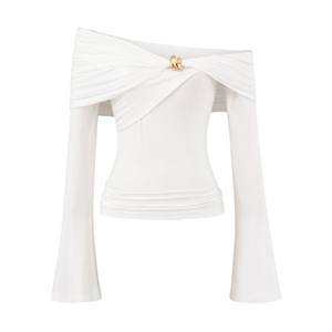 Blusa de mujer con hombros descubiertos y fruncido, detalle de hebilla dorada, manga larga acampanada, ajustada, estilo camiseta, a la moda - Product Image 3