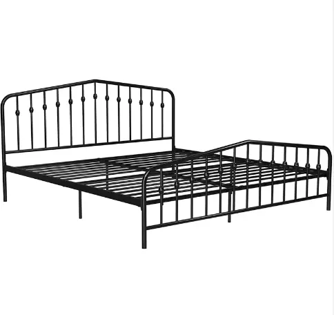 Metal Bed Frame with Built-in Headboard Loft Iron Bed Industrial Style Double Size Platform Bed No Box Spring Needed