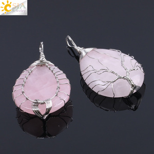 Colgante de piedra de cuarzo rosa natural CSJA hecho a mano Alambre de color plateado envuelto Árbol de la vida colgantes de lágrima de cristal <span class=keywords><strong>F122</strong></span> - Product Image 2