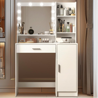 Table de maquillage blanche de style nordique avec miroir LED circulaire rétroéclairé et pieds en bois