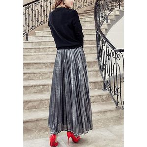 Women's <b>Metallic</b> Shiny Pleated Maxi Long <b>Skirt</b> Regular Waist Chiffon Fabric - Product Image 6