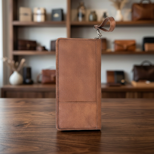Cartera de Viaje de Cuero Marrón de Lujo con Cierre de Cremallera, Decoración de Borlas, Logotipo Personalizado, Correa de Muñeca, Forro de Poliéster, Cierre de Botón - Product Image 2