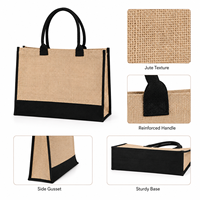 Sac fourre-tout en jute multi-usage noir avec patch, écologique, réutilisable, sac à bandoulière personnalisable avec lettres, taille ajustable pour le travail, les courses et les voyages