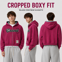 Sweat-shirt à capuche oversize décontracté pour homme, style streetwear, coupe courte et carrée, doublure à carreaux personnalisée, 480 g/m², avec lettres appliquées et fermeture éclair