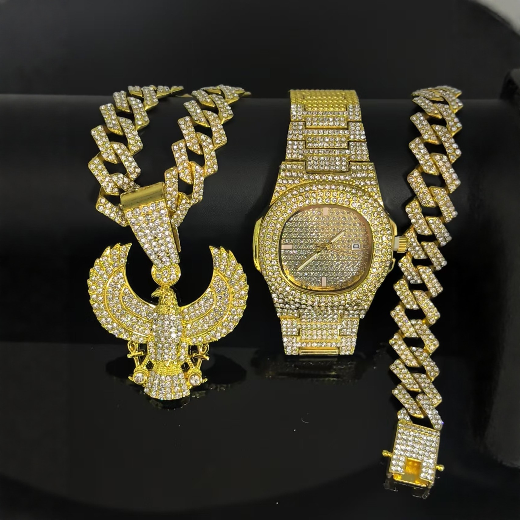 Hip Hop Alloy Unisex Quartz Wrist Watches Elf Pendant Link Chain Necklace Bracelet Set Luxury 3pcs Fashion Jewelry