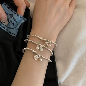 S925 Sterling <b>Silver</b> <b>Beaded</b> Bracelet Star Pendant Women's Gift Jewelry - Product Image 3