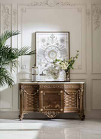 Luxe français Antique quatre portes tiroir feuille d'or doré sculpté peinture à la main buffet salon Console Table Buffet armoire
