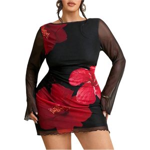 Robe mini en maille transparente à fleurs pour femmes, taille plus, manches longues, style bodycon, col rond, en mousseline de soie - Product Image 1
