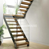 Escalier droit intérieur bois/acier avec garde-corps et balustrade en verre trempé pour petite maison et appartement