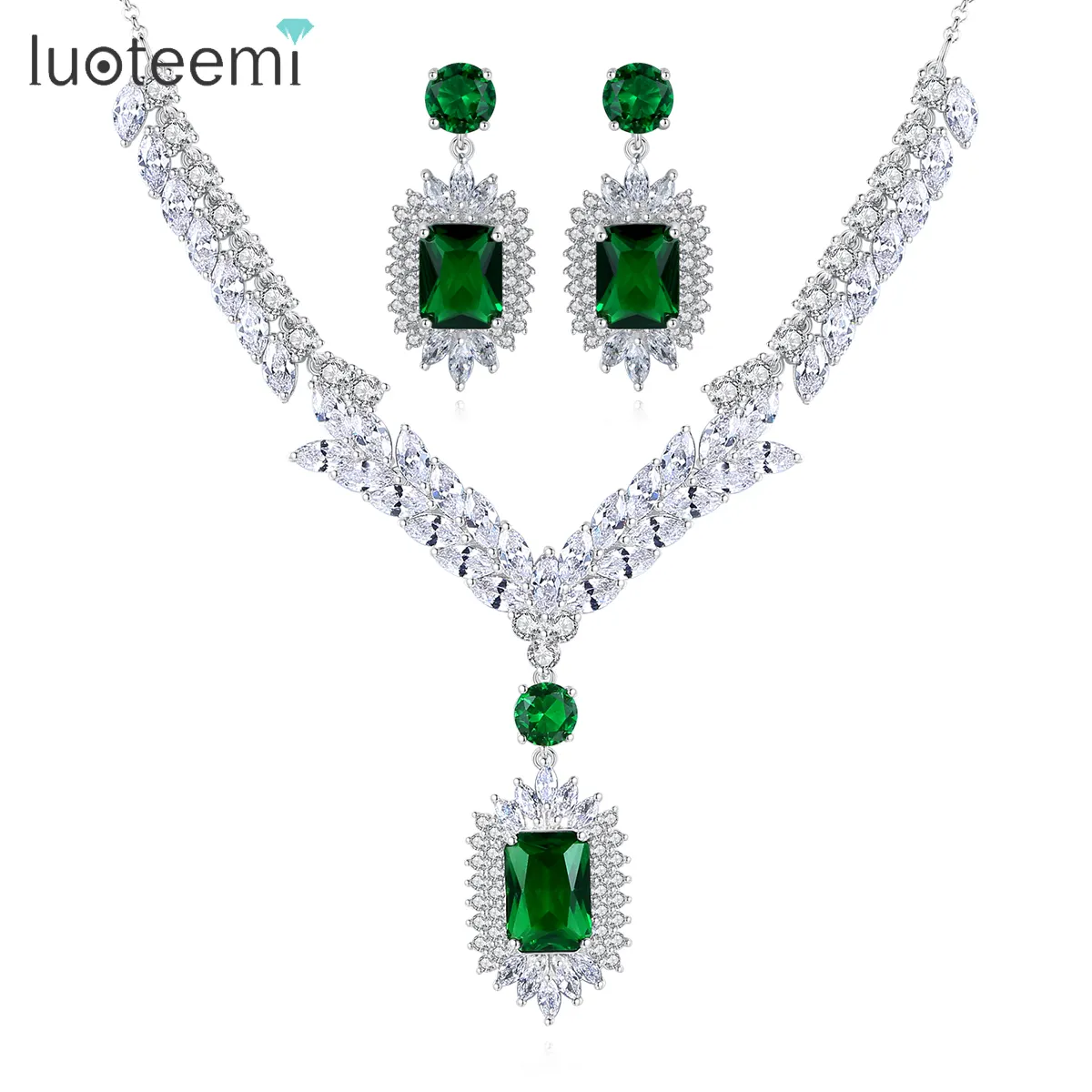 LUOTEEMI Bán Hot Phụ Nữ Sang Trọng Emerald Jewelry Set Cubic Zirconia Necklace Earrings Bộ Trang Sức