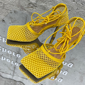 Sandalias de tacón de aguja con cordones y correa al tobillo, de malla, de tacón alto, estilo cuadrado, a la moda, para verano 2024 - Product Image 1