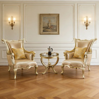 Chaise de salon rétro en bois massif à dossier haut sculpté, couleur or champagne