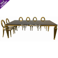 Table de mariage en acier inoxydable doré avec plateau en verre miroir noir, ensemble de 12 chaises pour mariage