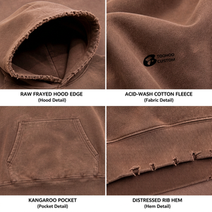 Sweat-shirt à capuche oversize en molleton épais délavé à l'acide avec bordure effilochée et poche kangourou - Product Image 5