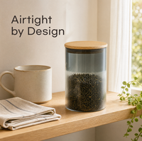 Pot de rangement en verre à double tonalité avec nervures verticales et couvercle en bois, récipient décoratif en verre pour le stockage alimentaire en cuisine, ambre et fumé