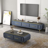 Ensemble de meuble TV et table basse de luxe moderne avec panneaux en bois et plateau en verre pour salon d'appartement, mobilier de maison