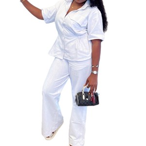 Women's Solid-Color Collared Short-Sleeve Cardigan Shirt & Casual <b>Pants</b> African 2-Piece Set Fashion - Product Image 6
