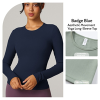 Ensembles de yoga pour femmes à manches longues, respirants, antibactériens, séchage rapide, couleur personnalisée, logo frontal, haut de sport pour la course en extérieur