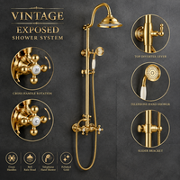 Ensemble de douche apparent en laiton doré antique avec pommeau pluie, douchette téléphonique et poignée croisée pour salle de bain, vente en gros