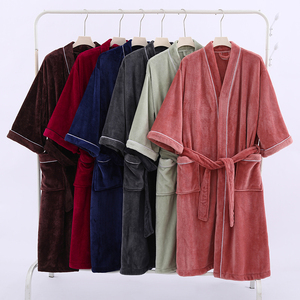 เสื้อคลุมอาบน้ำผ้าสักหลาดสำหรับผู้ชายและผู้หญิงคอปกสีทึบยาวดูดซับสำหรับผู้<span class=keywords><strong>สูงอายุ</strong></span>ชุด<span class=keywords><strong>นอน</strong></span>ของผู้หญิง - Product Image 2