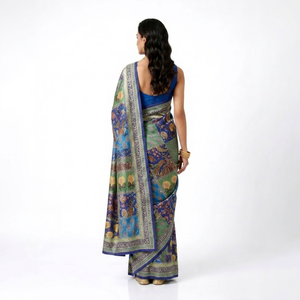Devi Fashions Traditional Indian Silk <b>Saree</b> <b>Women</b> Blue Green Printed Floor Length Wedding Wear Regular Fit Wrinkle Free Quick - Product Image 1