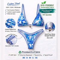 Ensemble de maillot de bain triangle en jean pour femme, personnalisé, imprimé, avec lurex, broderie, ajustable, en Repreve, style halter, pour la plage