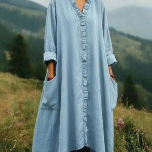 Vestido de mujer de algodón de color liso, holgado, a la moda, para primavera y verano 2026, estilo europeo y americano, con orejeras. - Product Image 1