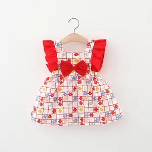 2024 Summer new style flying sleeve bow plaid small flower cotton skirt 18 month girl clothes promotion