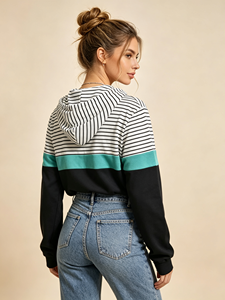 Women Color Block Striped Hoodie <b>Half</b> <b>Zip</b> Drawstring Long Sleeve Pullover Hooded <b>Sweatshirt</b> <b>Ladies</b> Casual Streetwear Top - Product Image 3