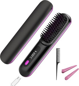 Rechargeable Cordless <b>Hair</b> <b>Brush</b> Portable 3000mAh Fast Heated Mini <b>Hair</b> Straightener Hot Comb Display - Product Image 1