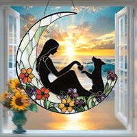 Attrape-soleil 2D en acrylique, style vitrail, motif croissant de lune, femme et chien, ornement suspendu floral pour fenêtre, décoration murale et intérieure, cadeau pour les amoureux des animaux