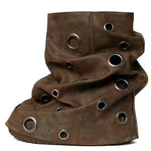 Botines de mujer con suela gruesa y orificios metálicos, botines cortos con superposición, punta redonda, tacón de cuña de suela plana, zapatos de gamuza. - Product Image 3