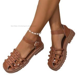 Women Summer New Retro Woven Roman Buckle <b>Sandals</b> Thick Sole Hollow Beach <b>Closed</b>-<b>Toe</b> <b>Sandals</b> - Product Image 5