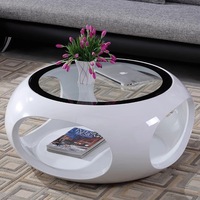 Table basse ronde moderne et écologique avec plateau en verre trempé et base en fibre de verre blanche pour salon, facile à nettoyer